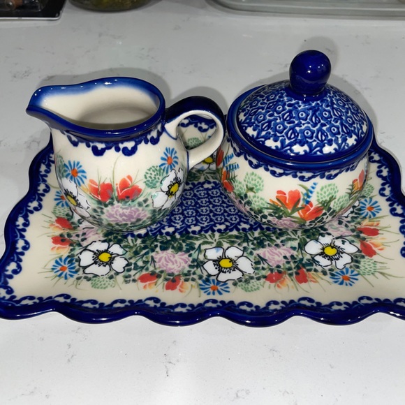 Polish Pottery KAKICH~ UNIKAT set of 3 sugar, bowl cleaner, and Trey - Picture 4 of 9